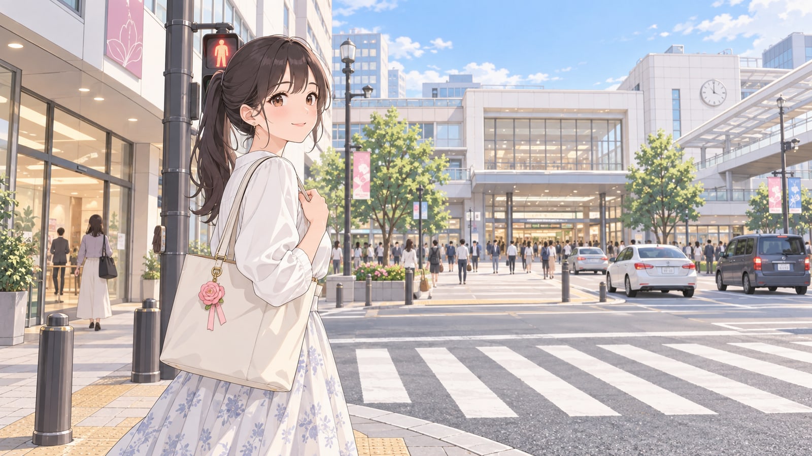 駅前の大通りで信号待ちをする女性と向かい合う二つの入口
