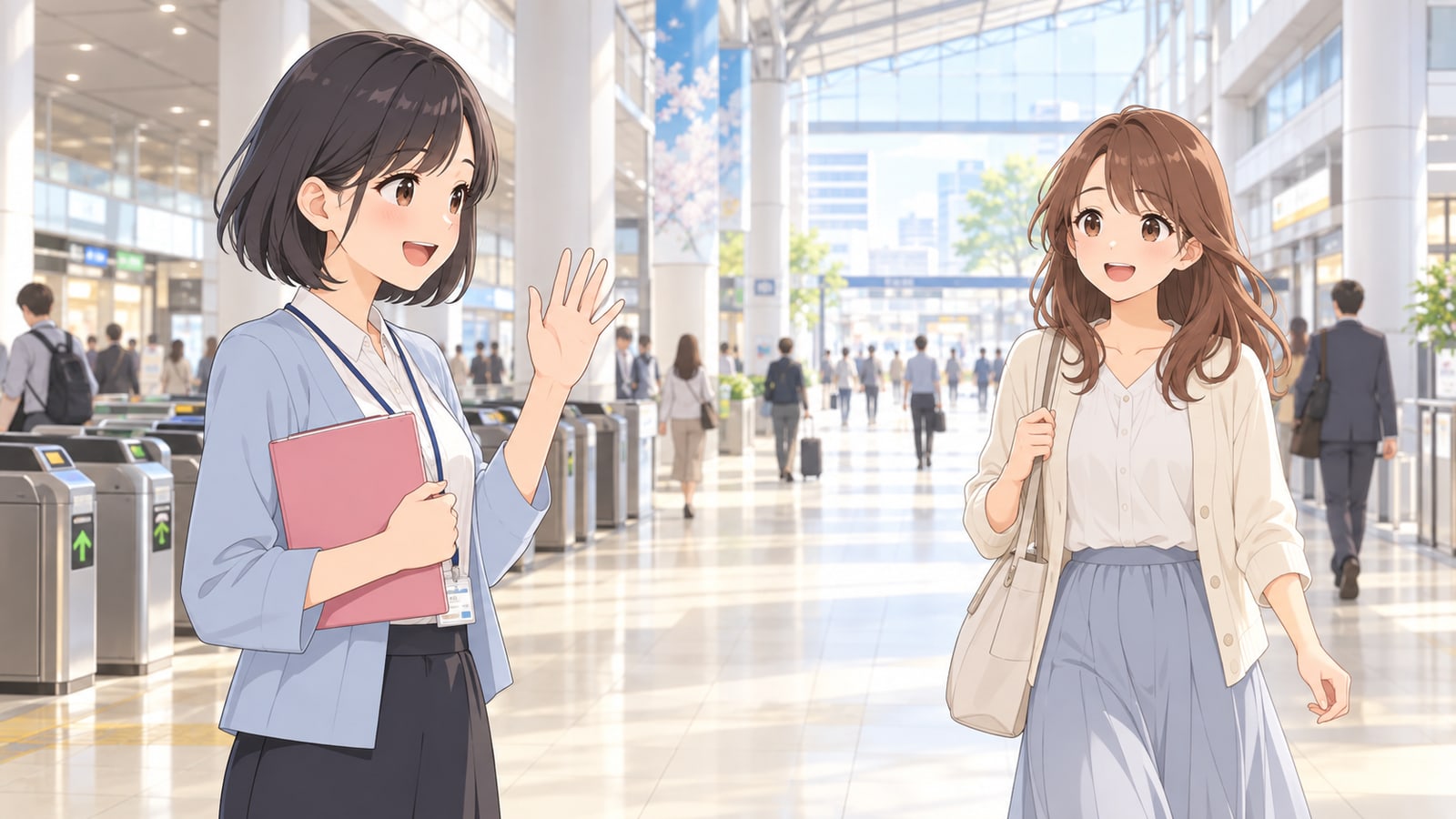 駅の改札前で手を振って出迎えるスタッフと歩いてくる女性