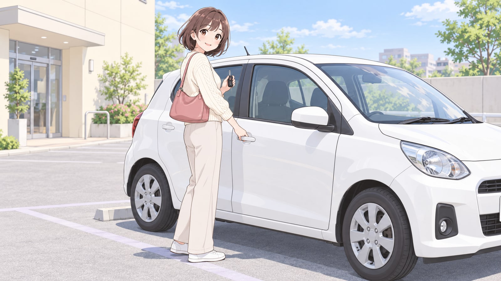 駐車場で車のドアを閉めて微笑む女性と奥の建物の入口