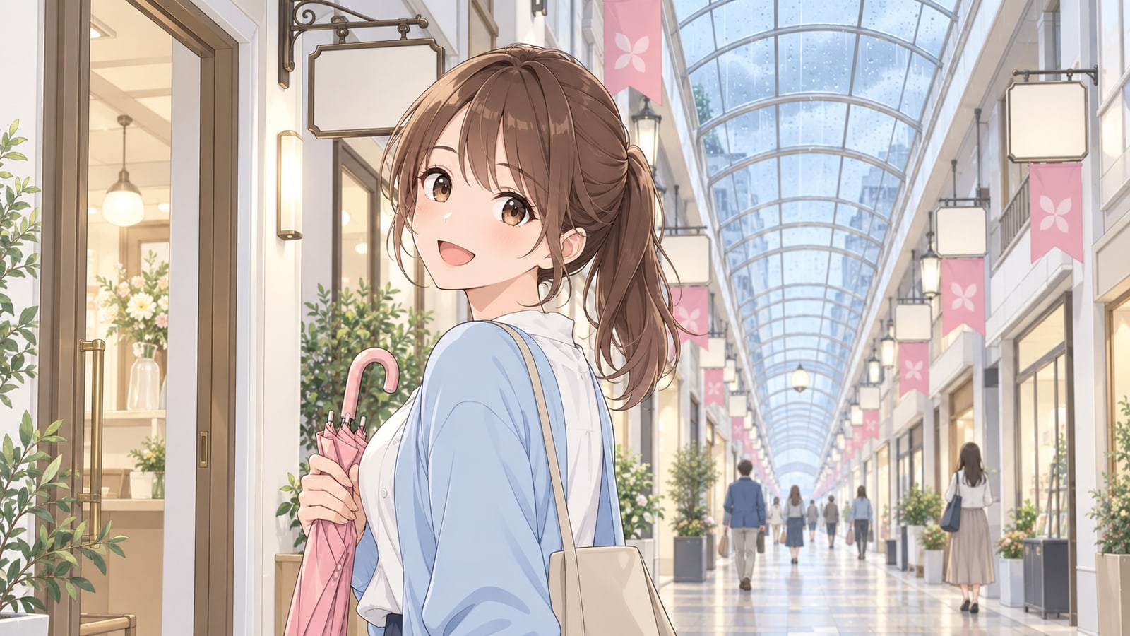 雨の日のアーケード商店街で傘を畳んで微笑む女性