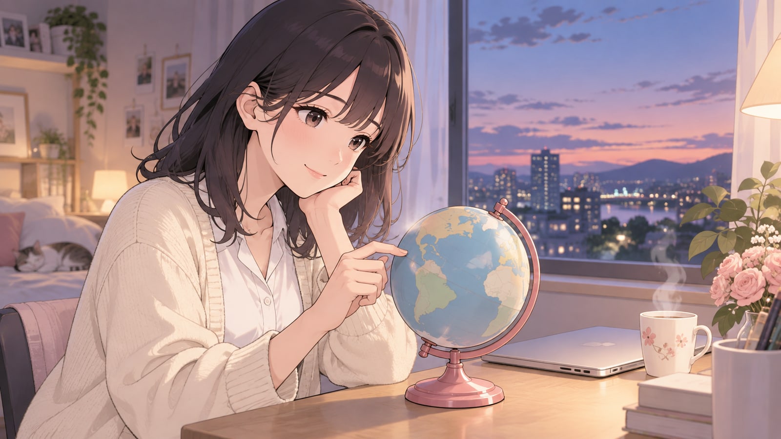 夕暮れの窓辺で小さな地球儀を回して微笑む女性