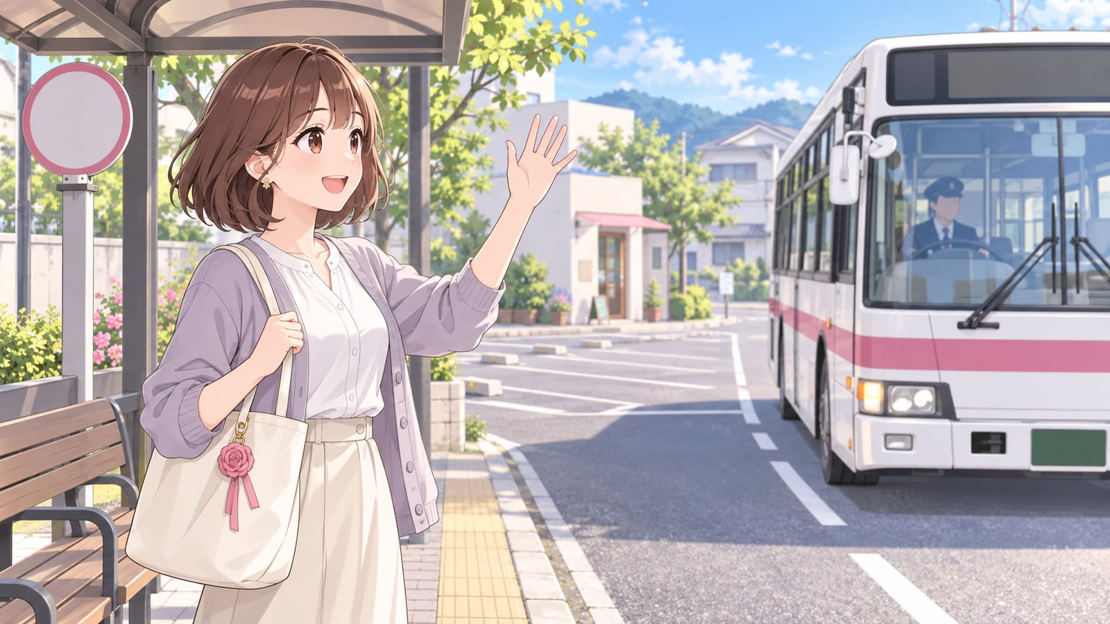朝のバス停で近づく白いバスに手を上げる女性