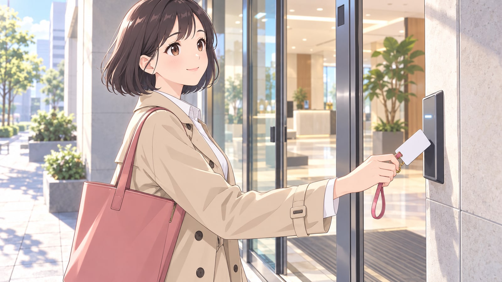 オートロックのエントランスでカードをかざす女性