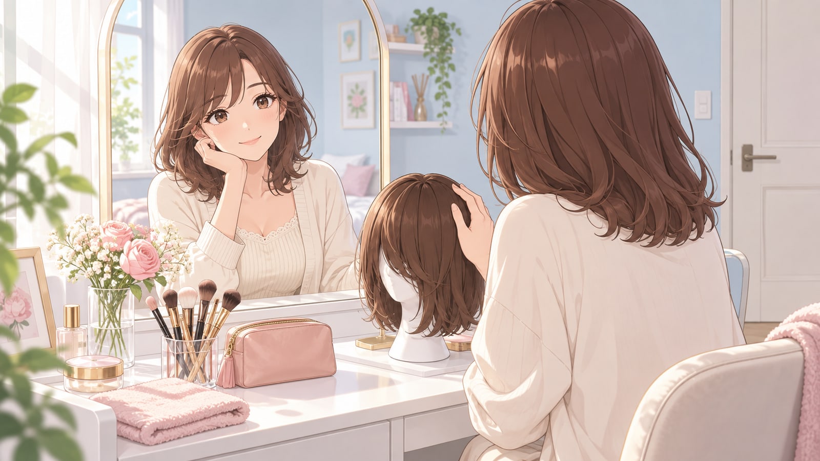 鏡台の前でウィッグスタンドに手を添えて微笑む女性