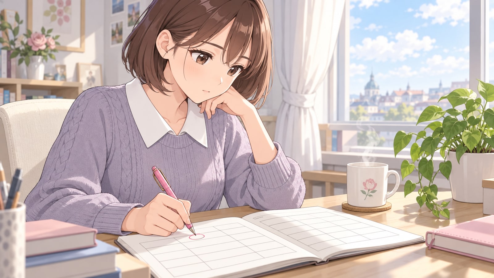 ノートの線だけの比較表に印を付ける女性