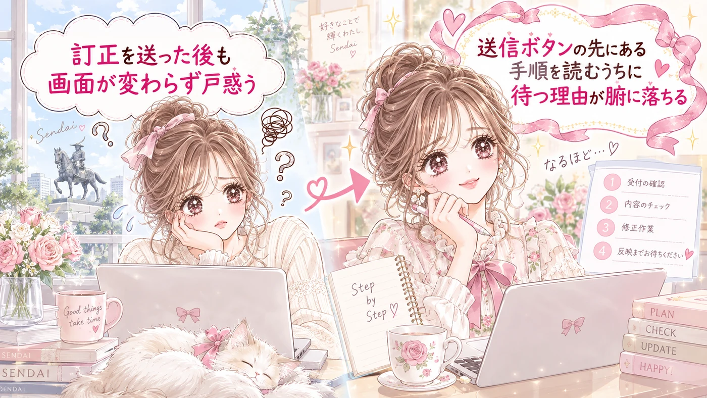 訂正を送った後も画面が変わらず戸惑う
